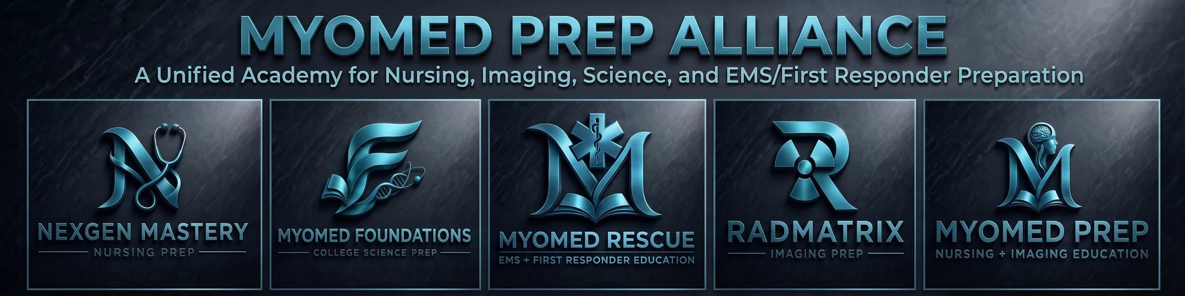 The MyoMed Prep family: NexGen Mastery for nursing, MyoMed Foundations for college science, MyoMed Rescue for EMS and first-responder education, RadMatrix for imaging, and MyoMed Prep for nursing and imaging education